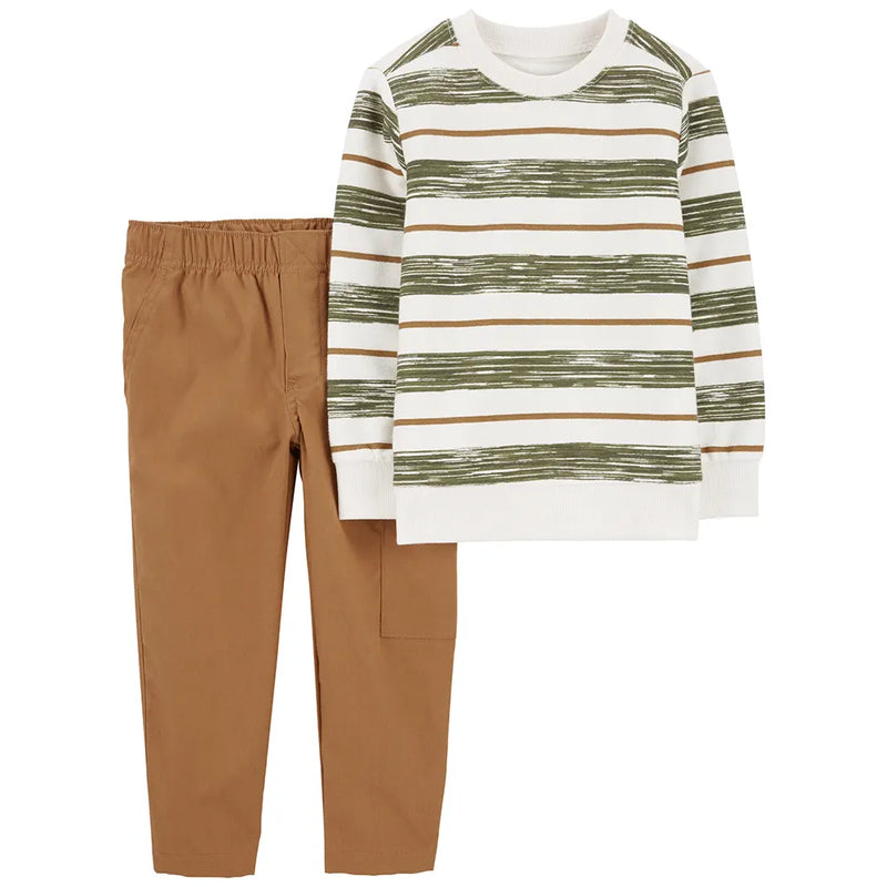 Ensemble 2 pièces enfant : t-shirt rayé en tissu éponge français et pantalon en toile