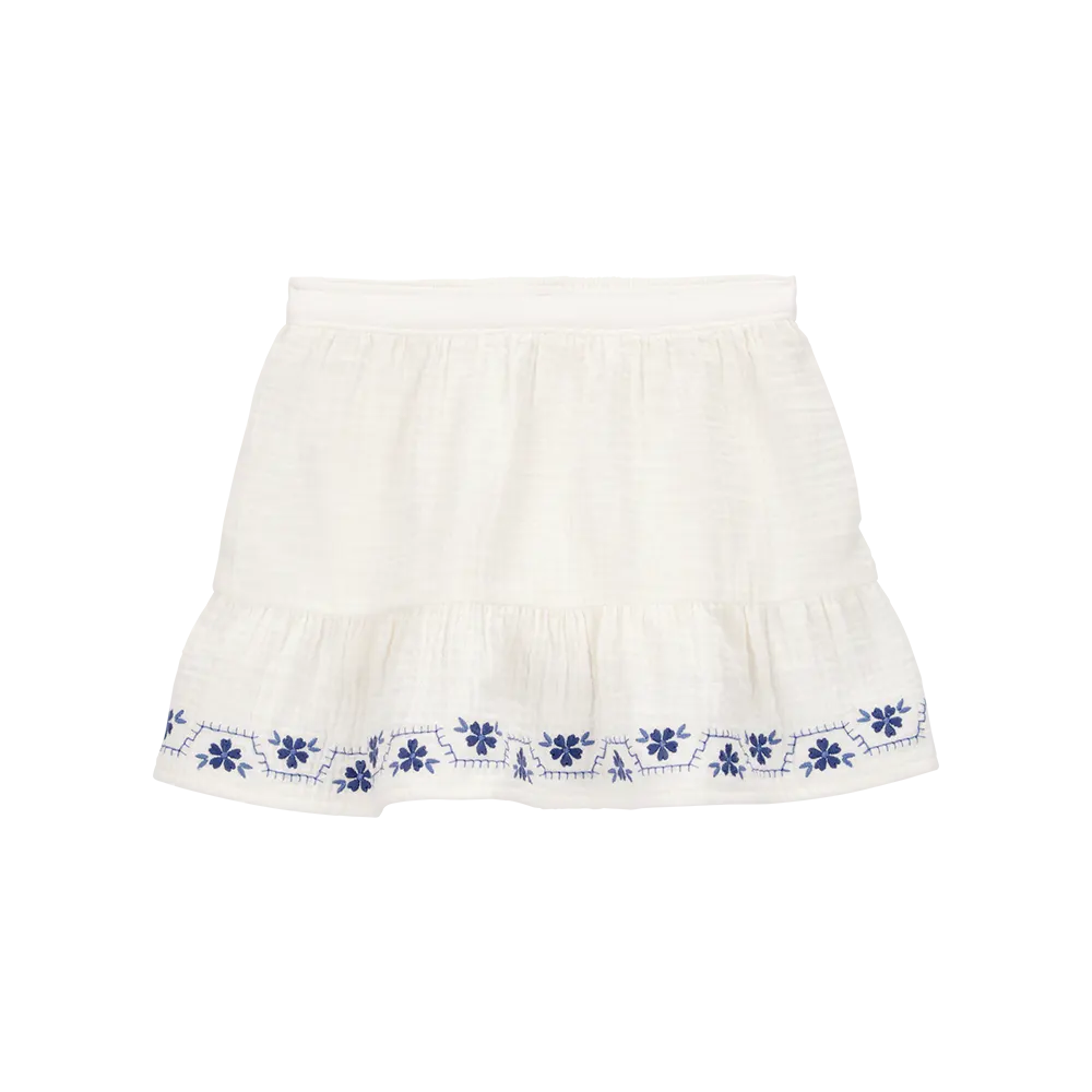 Jupe-short en gaze brodée florale fille - Ivoire