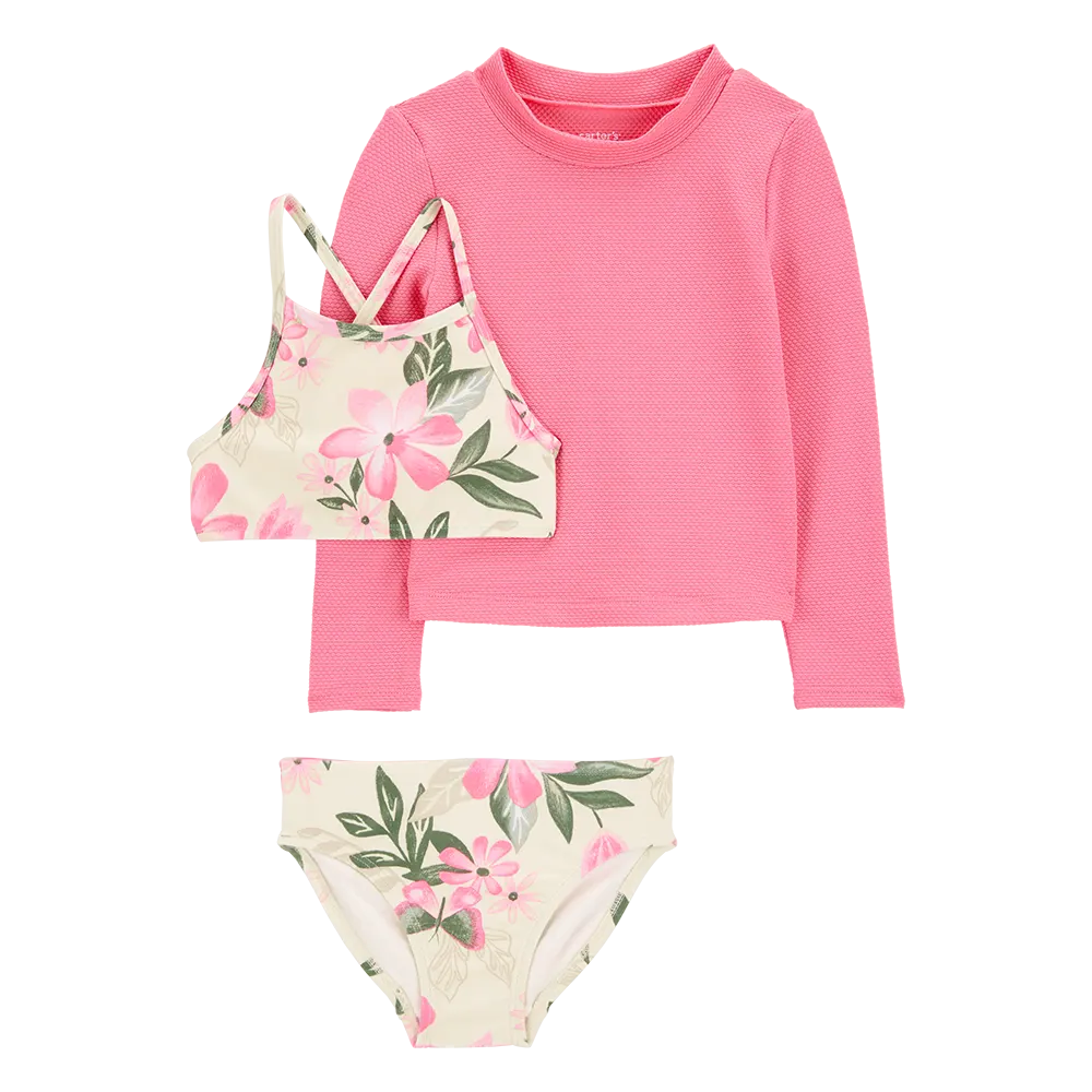 لباس سباحة من 3 قطع مضاد للأشعة فوق البنفسجية للبنات من كارترز - بنقشة زهور وردية