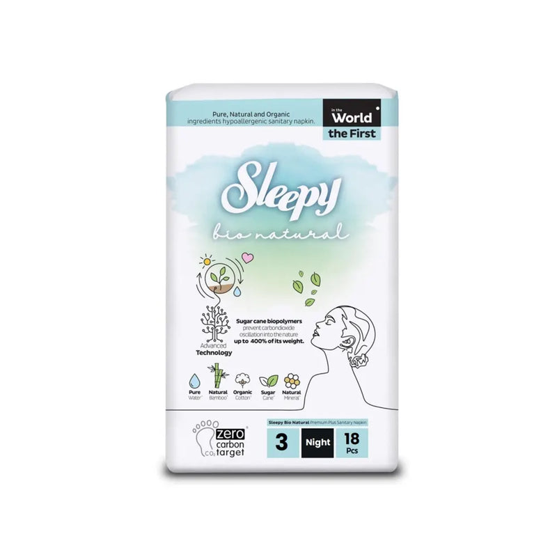 Sleepy Bio Natural Premium Sanitary Pads 3 Overnight - 18 Count