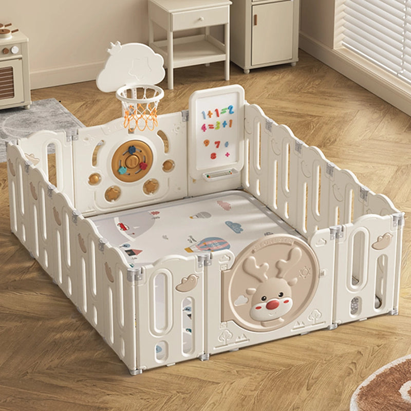 Playpen (158x190cm) Foldable Fence 14+2 with Basketball Hoop + Drawing Board + Mat - Deer