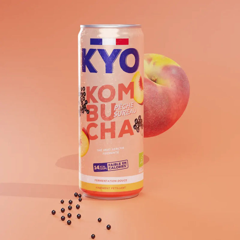 Lata de kombucha Kyo de melocotón y saúco (330 ml)