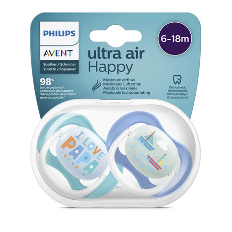 Avent Lot de 2 Sucettes Orthodontiques Ultra Air Happy 6-18m Garçon