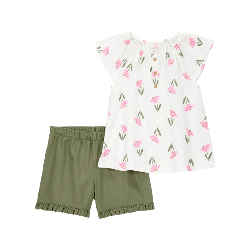 Ensemble haut fleuri et short fille - Vert