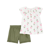Ensemble haut fleuri et short fille - Vert