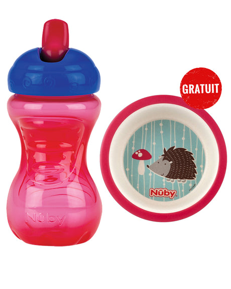 Gourde Nûby Flip-It à Bec Dur Débit Libre 300ml 9M+ Rouge = Bol en Bambou Gratuit