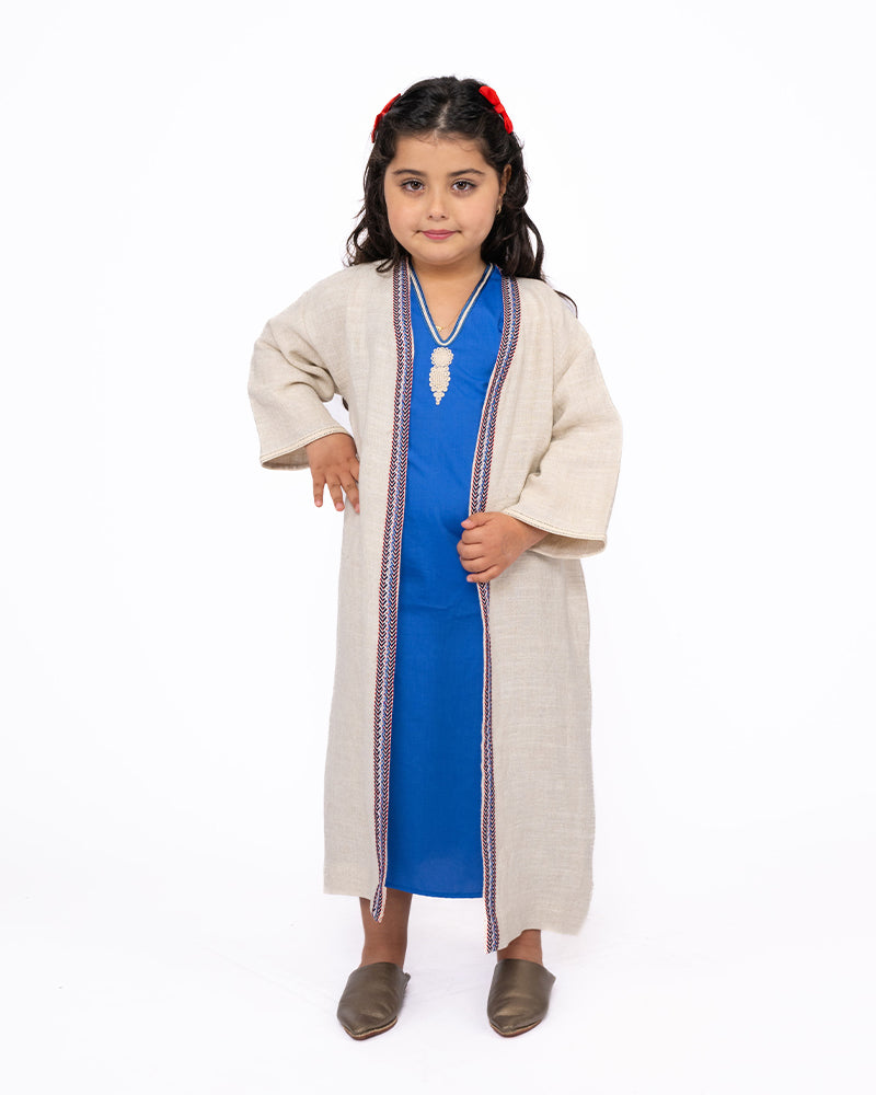 Caftan Avec Kimono Pour Fille - Bleu Roi & Blanc