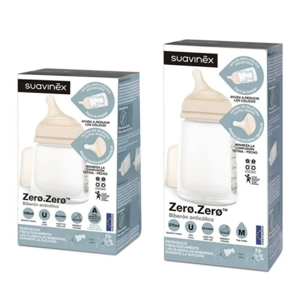 Suavinex, Zero Anti-koliek fles met speen medium flow (M) van siliconen, voor baby's vanaf 3 maanden, ideaal voor gemengde borstvoeding, speen die borst, moedermelk en poeder, 270 ml, diep Suavinex, Zero Anti-koliek fles met speen medium flow (M) van siliconen, voor baby's vanaf 3 maanden, ideaal voor gemengde borstvoeding, speen die borst, moedermelk en poeder, 270 ml, diep