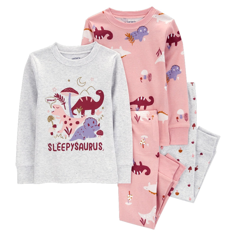 Pyjama 4 Pièces en Coton Bébé Carter's - Dinosaure Rose & Gris