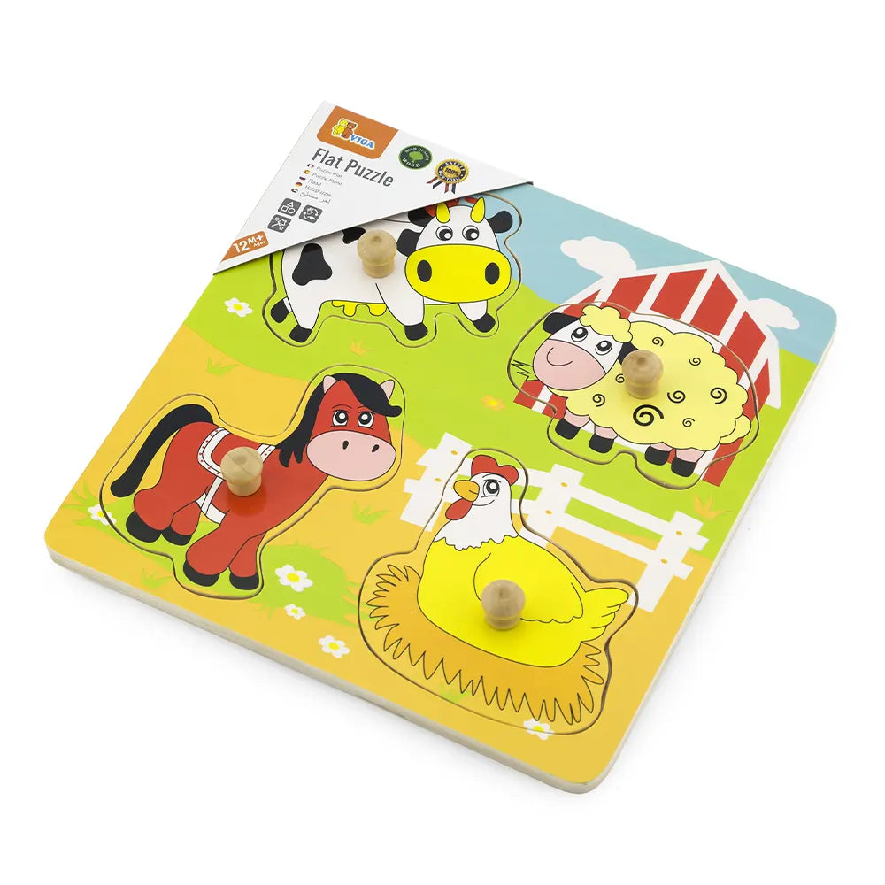 Viga Toys Puzzle Plat avec Gros Bouton en Bois la Ferme 12M+