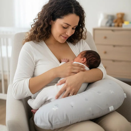 BébéYo Coussin d'Allaitement - Étoiles Gris et Blanc sur Gris