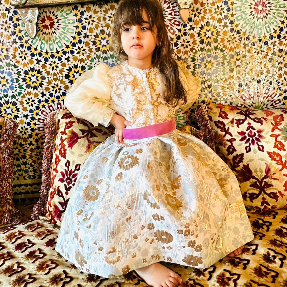 Mami Cami Brocade Girl's Caftan Dress - Gold & Blue