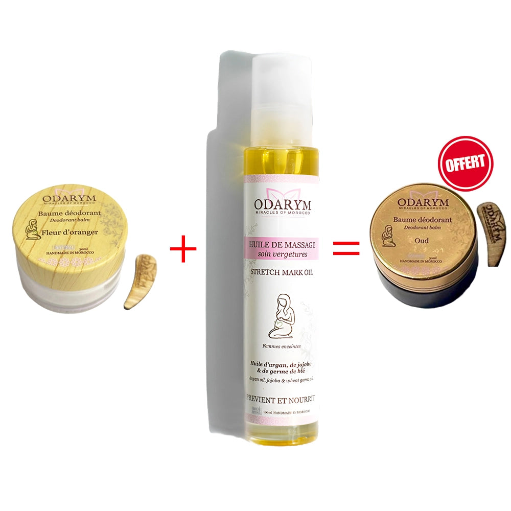 Offre : Odarym Déodorant Fleur d'Oranger sans Huiles Essentielle + Huile de Massage Anti-Vergeture = Déodorant Oud sans Huiles Essentielles Offert