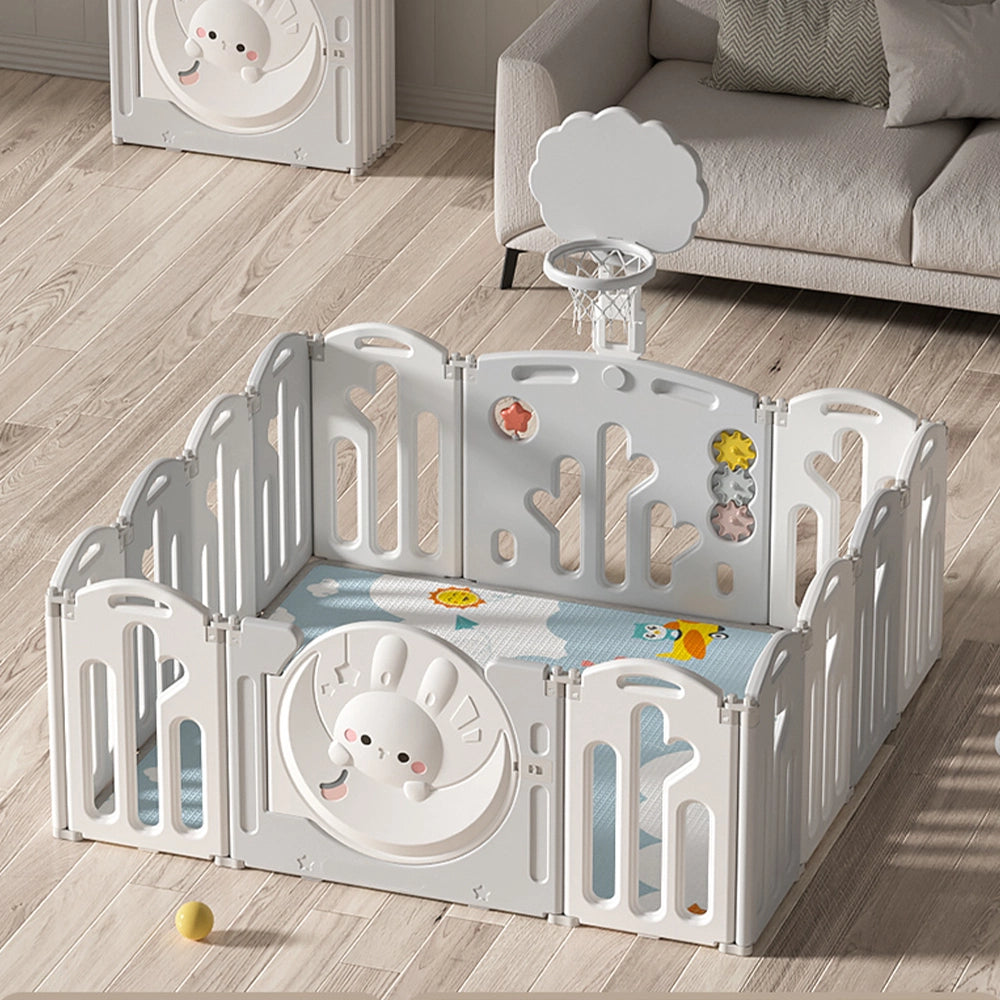 Baby Playpen Parc Pliable de Clôture 12+2 + Basketball - Lapin Gris