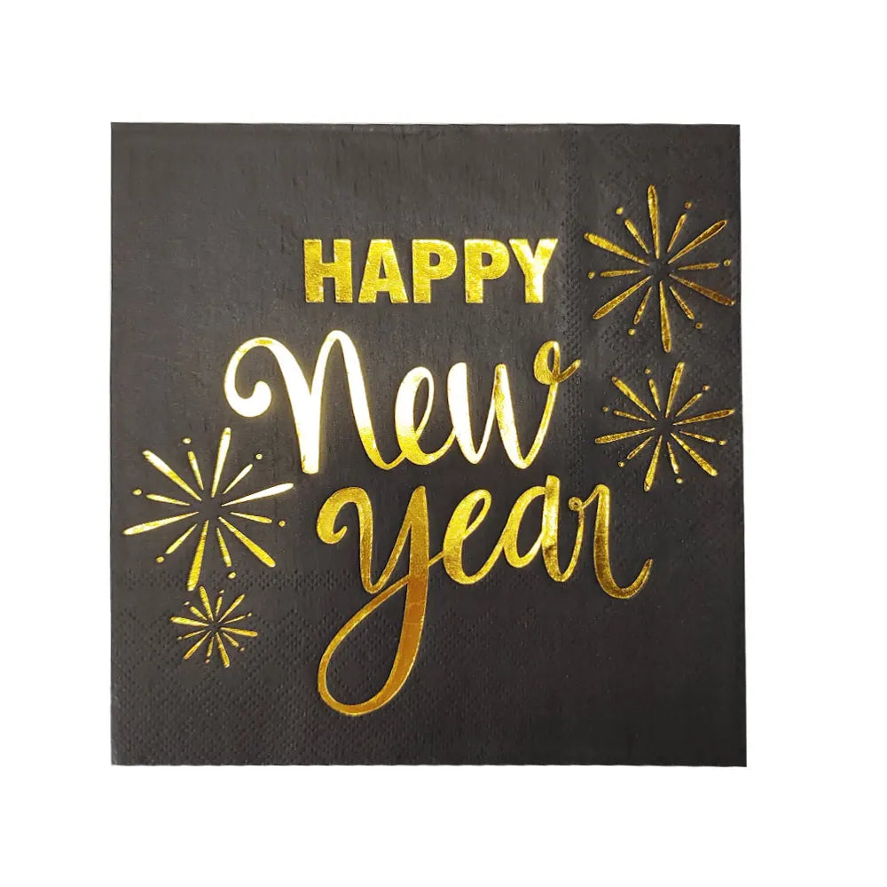 Lot de 16 serviettes papier Happy New Year doré et noir