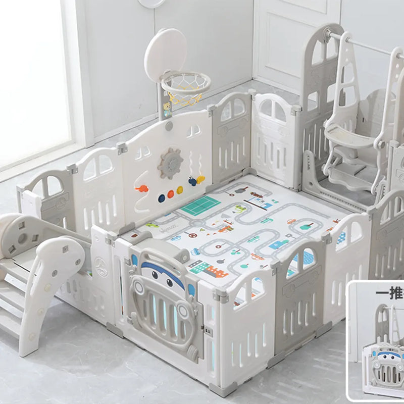 Foldable Playpen (151x188cm) + Slide + Swing + Mat - Gray Car