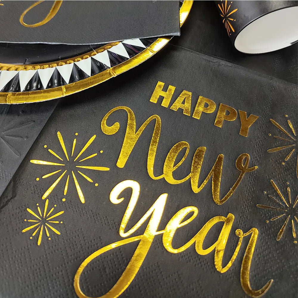 Lot de 16 serviettes papier Happy New Year doré et noir - vue 5