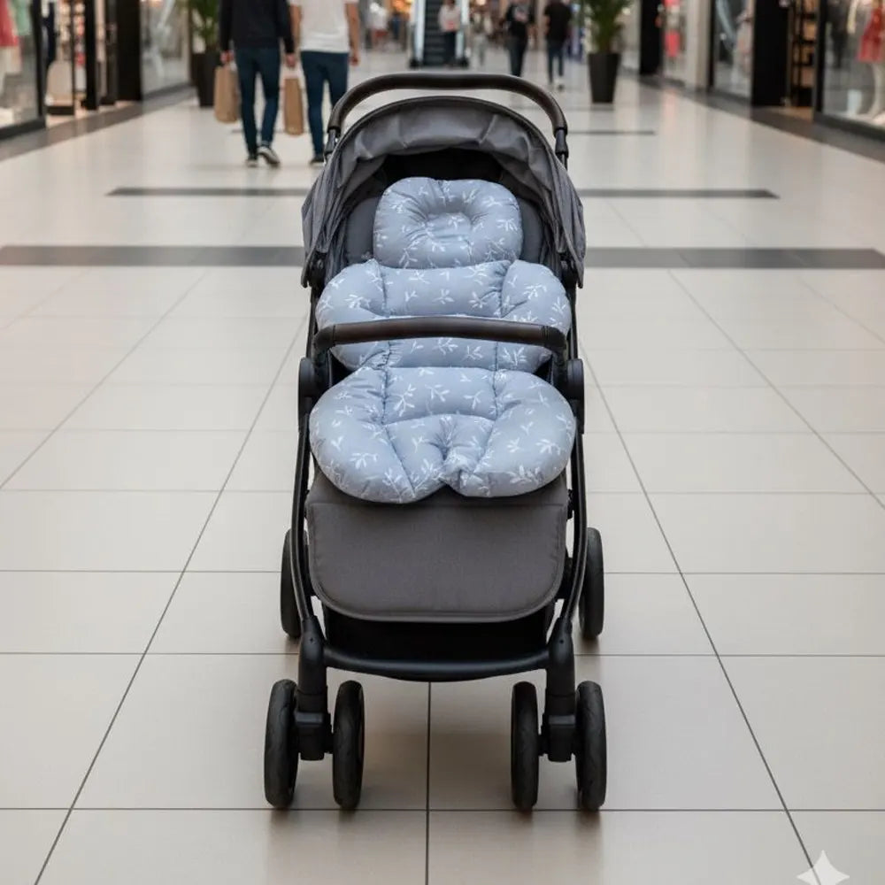 Stroller Cushion - White Floral on Grey