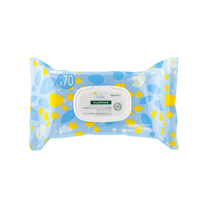 Klorane Bébé Lingettes nettoyantes douces pour le corps au Calendula apaisant - 70 Unités