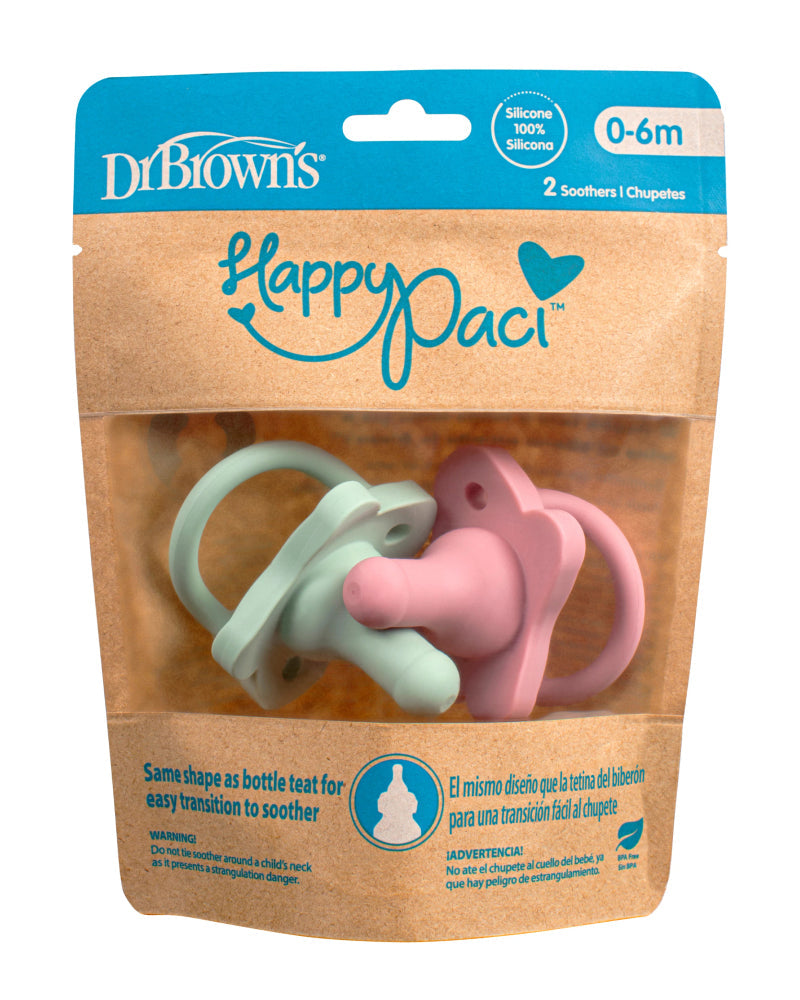 Chupetes de silicona Dr. Brown's HappyPaci (paquete de 2), 0-6 meses, rosa y verde