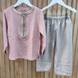 Mami Cami Jabadour Deux Pièces pour Filles en Lin - Rose & Beige