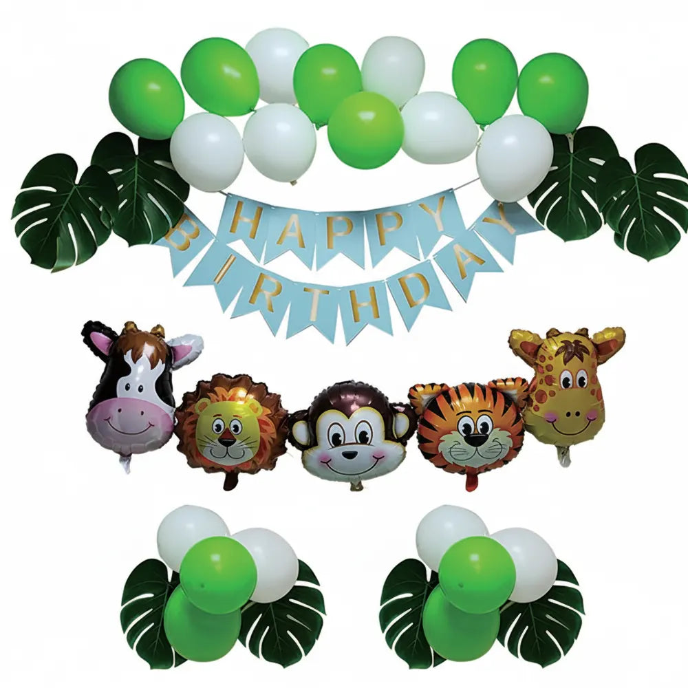 Jungle Birthday Decoration Kit – Balloons, Leaves and Animals