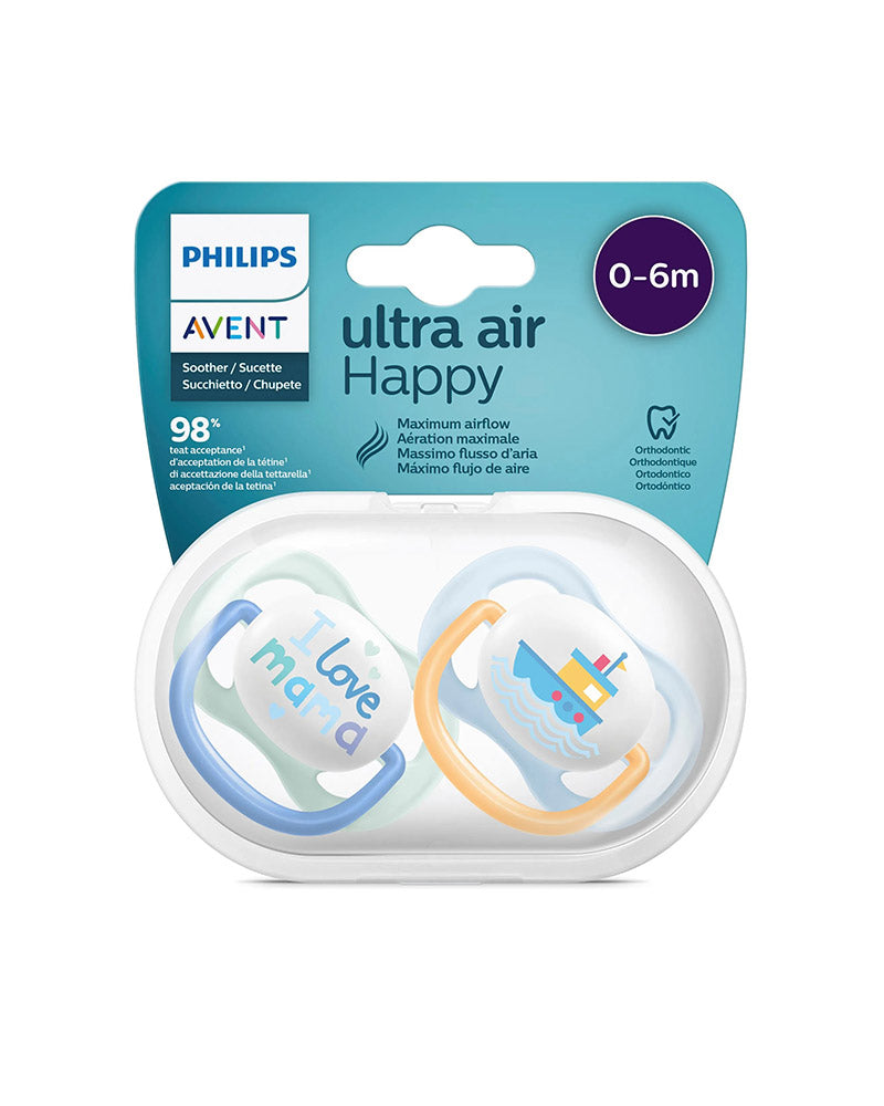 Avent Pack de 2 chupetes Ultra Air Colección Feliz 0-6 meses Niño