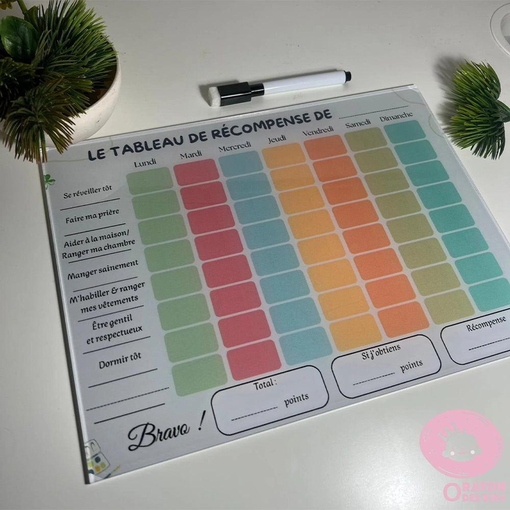 O Rayon des Kids Tableau de Récompense pour Enfant – Plexiglass 29x22 cm + Feutre Offert