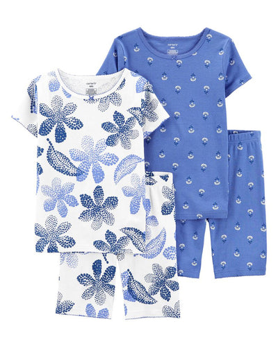 Pyjama 4 Pièces en Coton Carter's - Fleurs Bleu 