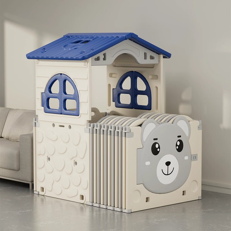 Parc de Jeux Pliable avec Maison de Jeu (209x185cm) - Gris & Bleu
