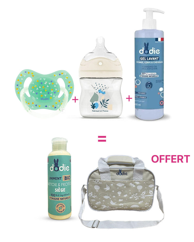 Offre Dodie Gel lavant 500ml+Biberon multi perforé+ sucette +Sac & Liniment 100ml Offerts