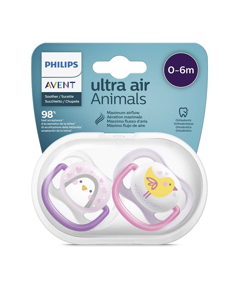 Avent - Pack de 2 chupetes ortodóncicos Ultra Air Animals para niña (0-6 meses)