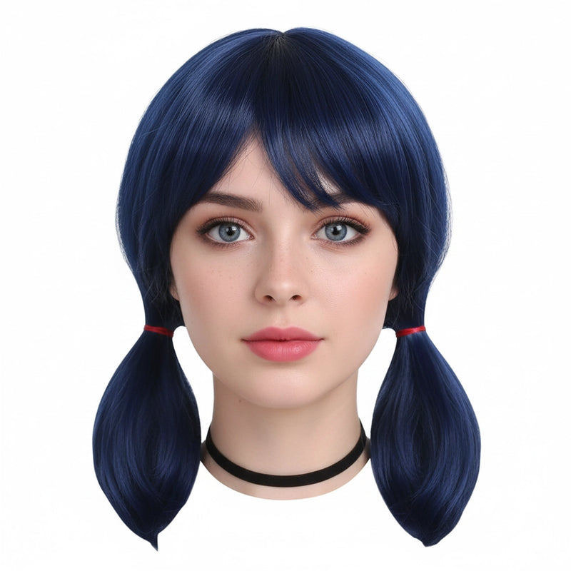 Peluca corta azul noche con coletas "Marinette"