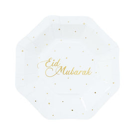 Lot de 8 Assiettes en Papier Eid 18cm - Doré & Blanc
