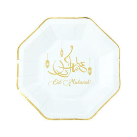 Lot de 8 Assiettes en Papier Eid 23cm - Doré & Blanc