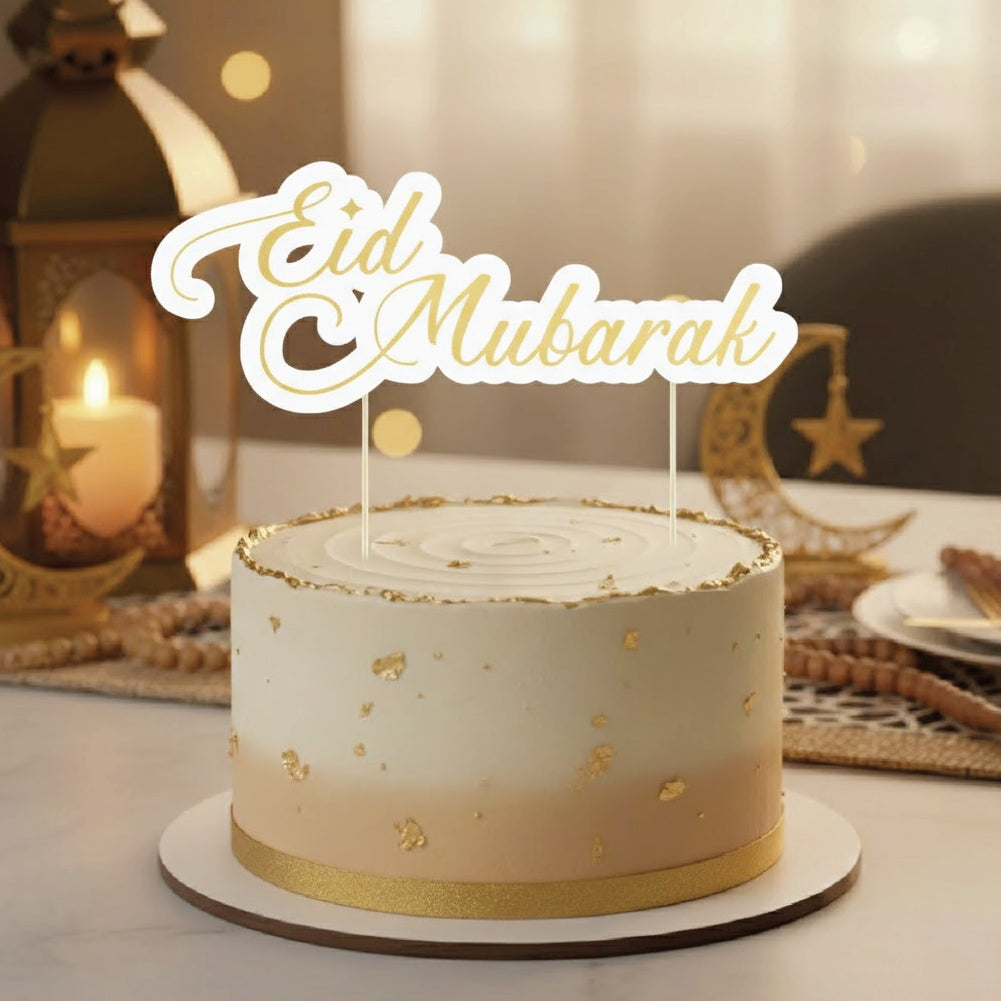 Cake Topper Eid Mubarak Décoration de Gâteau – Blanc et Dorée