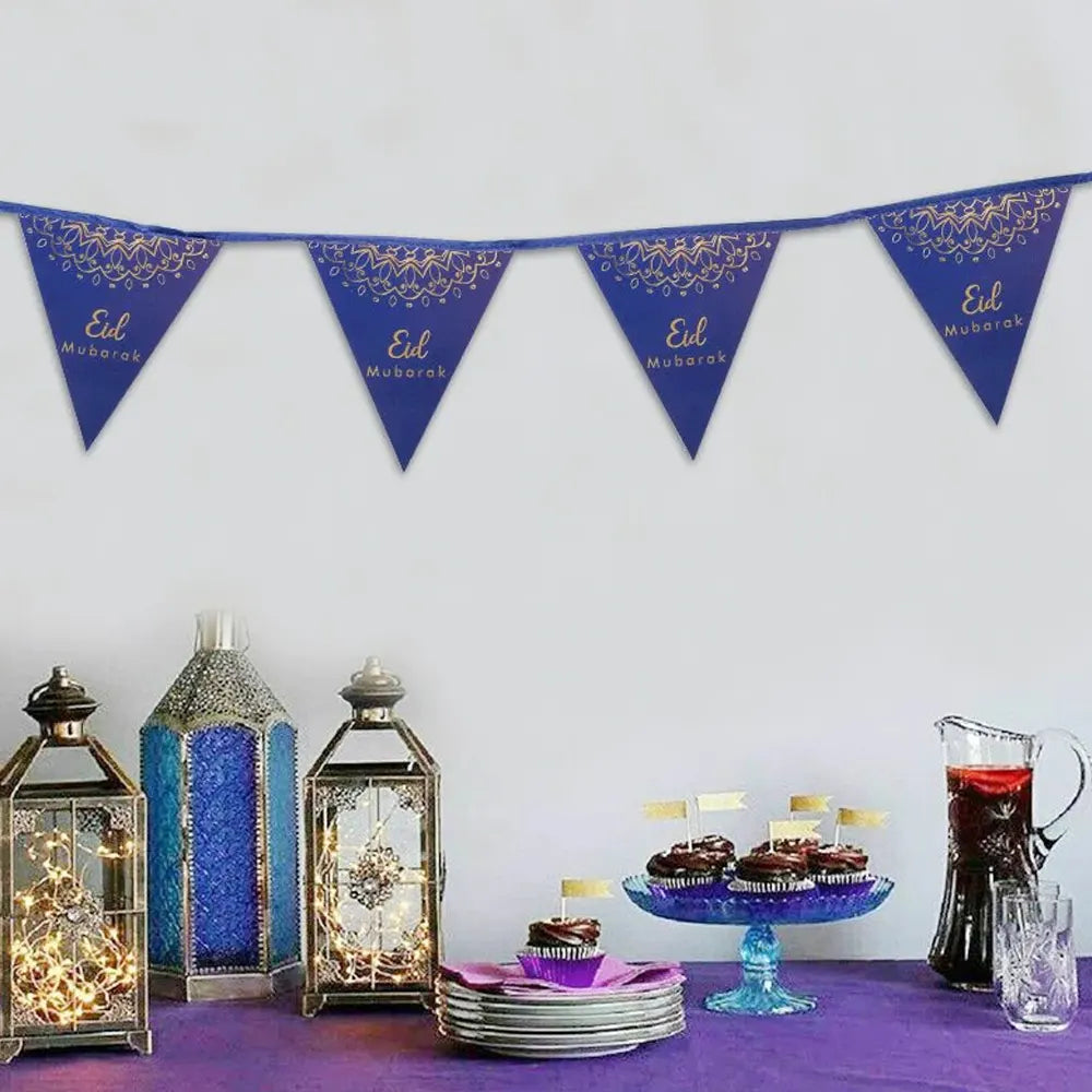 Bannière de Drapeaux Triangulaires de l'Aïd 3 Mètres - Doré & Bleu