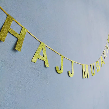 Bannière de Lettres Pailletées Hajj Mabrouk 3 Mètres - Dorées