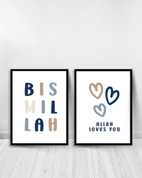 Ensemble de 2 Tableaux décoratifs Bleu - Bismillah | Allah Loves you - Noir