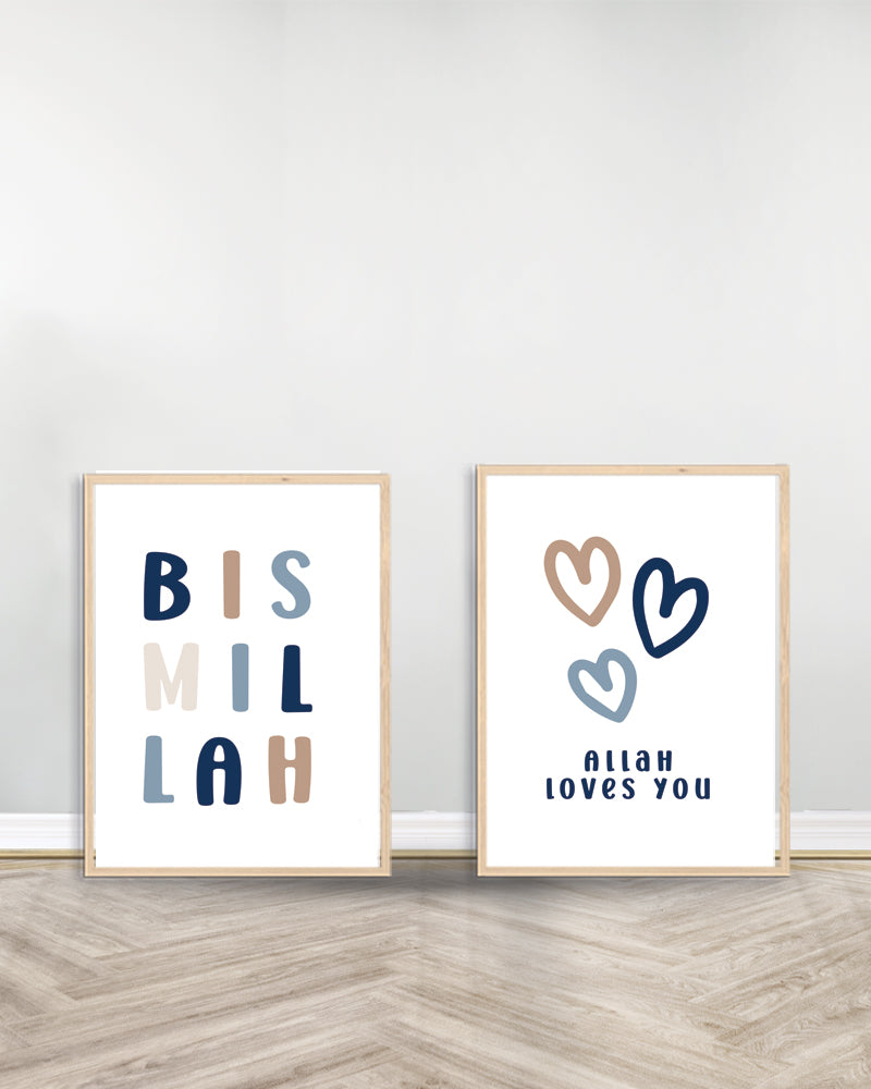 Ensemble de 2 Tableaux décoratifs Bleu - Bismillah | Allah Loves you - Bois