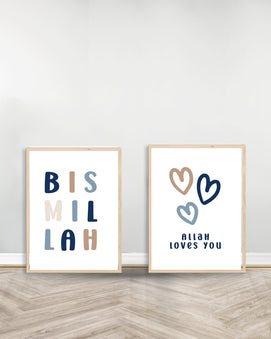Ensemble de 2 Tableaux décoratifs Bleu - Bismillah | Allah Loves you - Bois