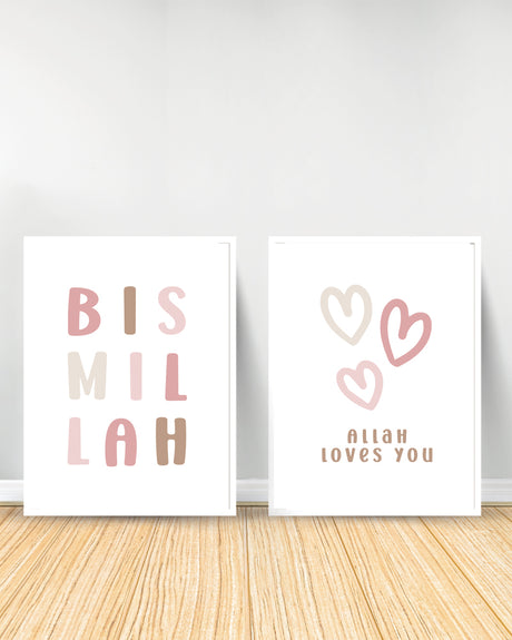 Ensemble de 2 Tableaux décoratifs Rose- Bismillah | Allah Loves you - Blanc