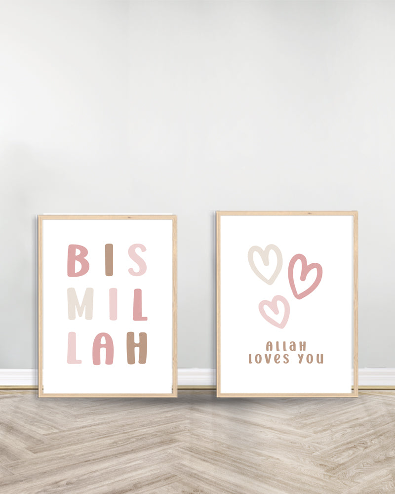 Ensemble de 2 Tableaux décoratifs Rose- Bismillah | Allah Loves you - Bois