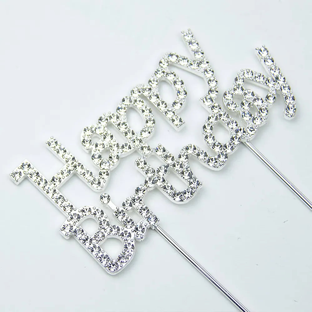 Adorno para Tarta Feliz Cumpleaños Metal y Pedrería – Plateado