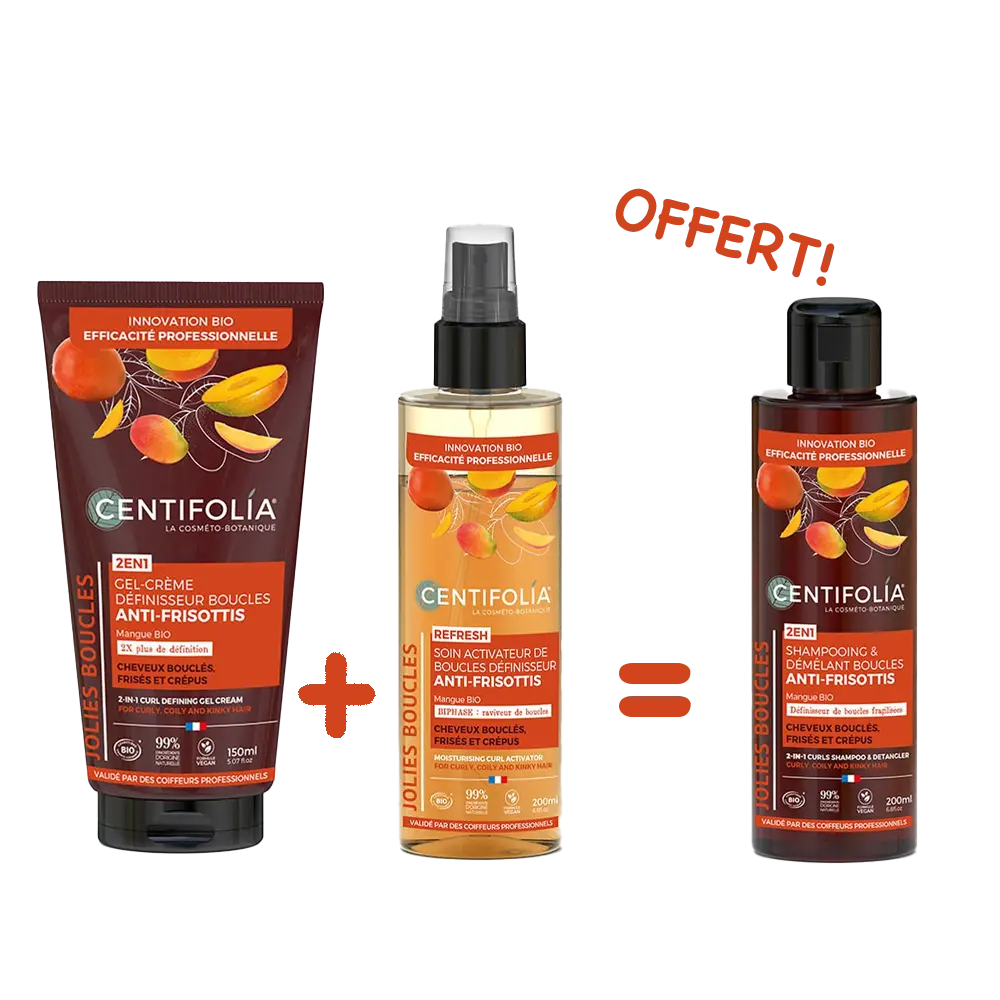 Offre Black November: Centifolia Gel Crème Définisseur Boucles 2en1 + Soin Activateur de Boucles Anti-Frisottis = Shampoing & Démêlant Boucles Anti-Frisottis 2en1  Offert!