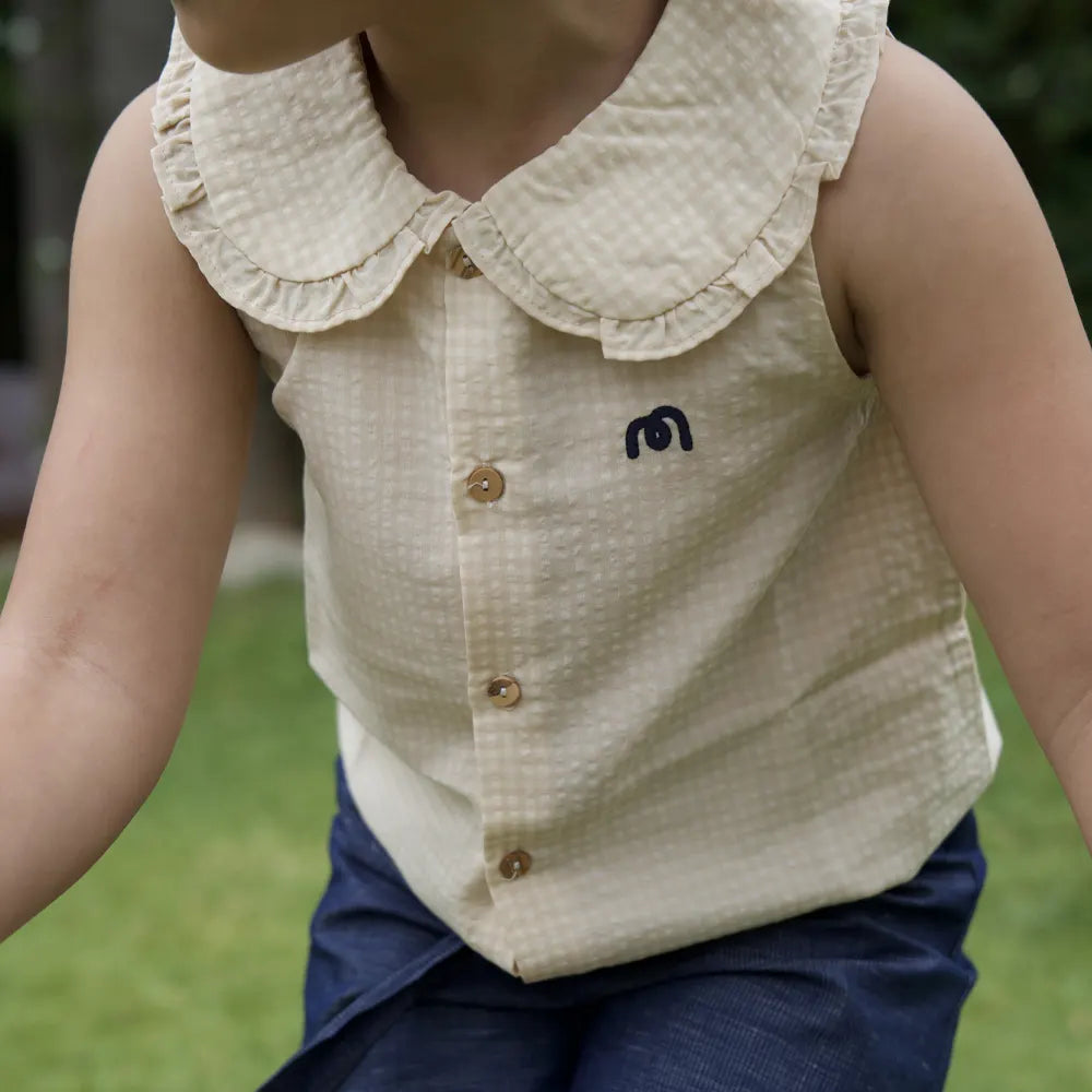 قميص لولي بدون أكمام بنقشة مربعات - بيج