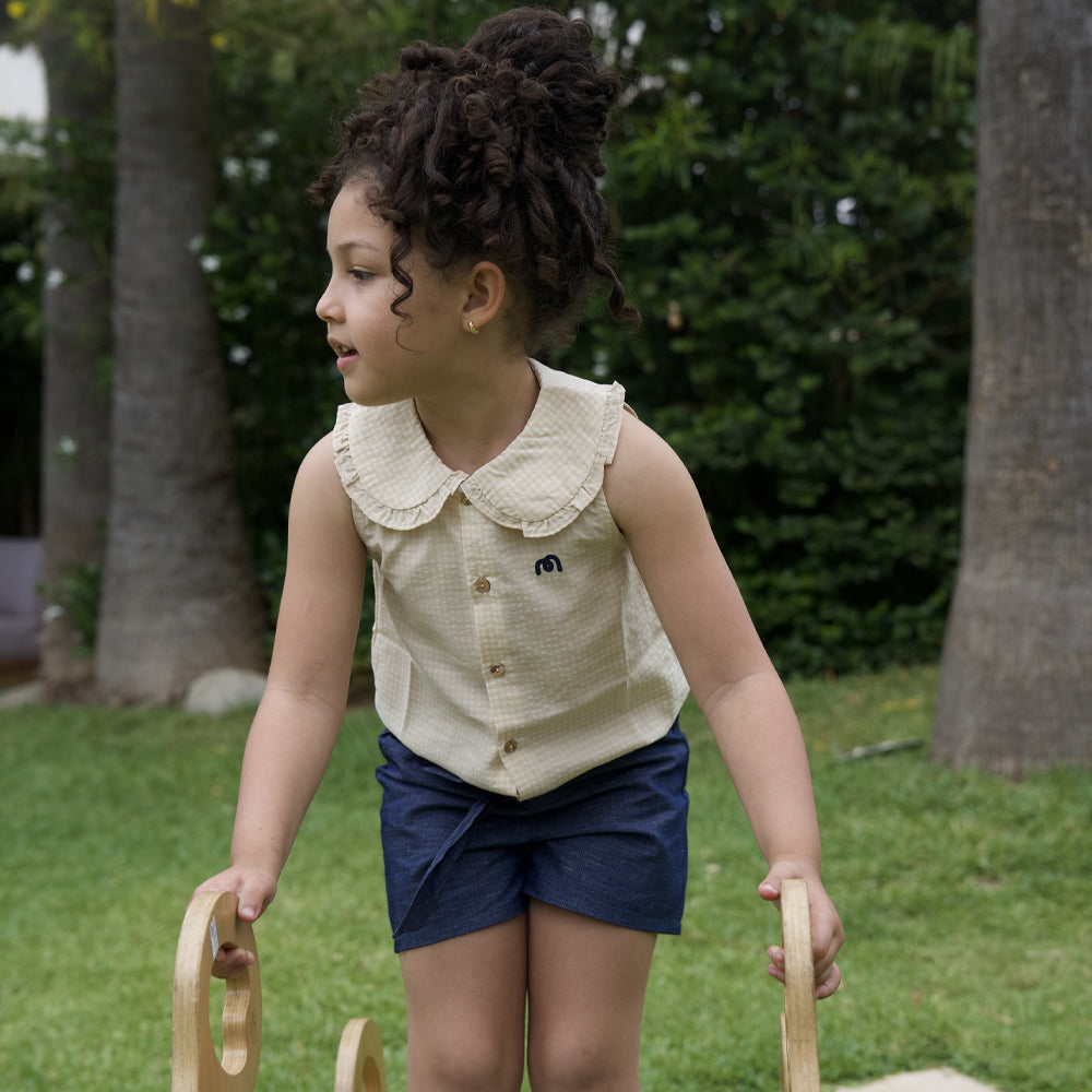 قميص لولي بدون أكمام بنقشة مربعات - بيج