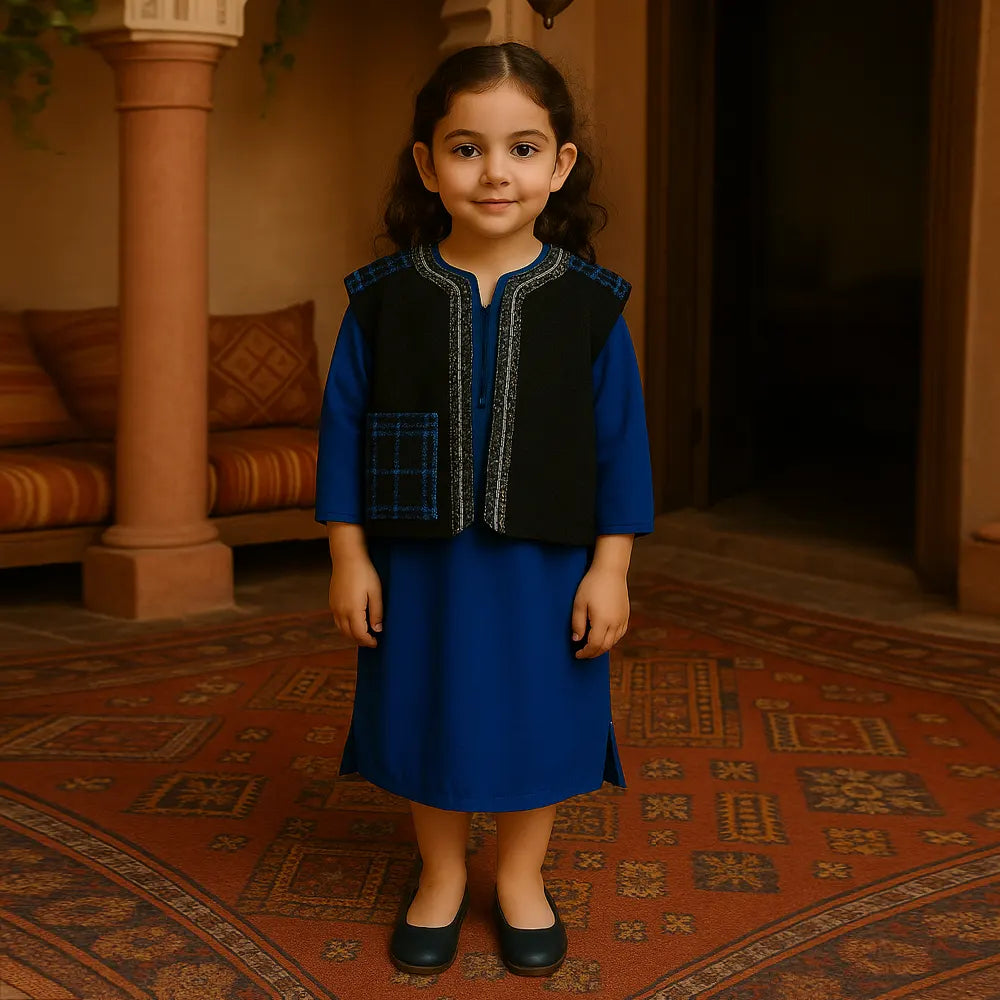 طقم تقليدي للبنات – فستان أزرق وسترة سوداء