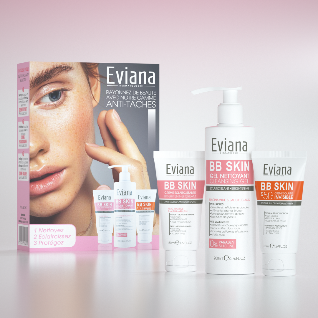Pack Eviana crème éclaircissante, gel nettoyant et écran invisible