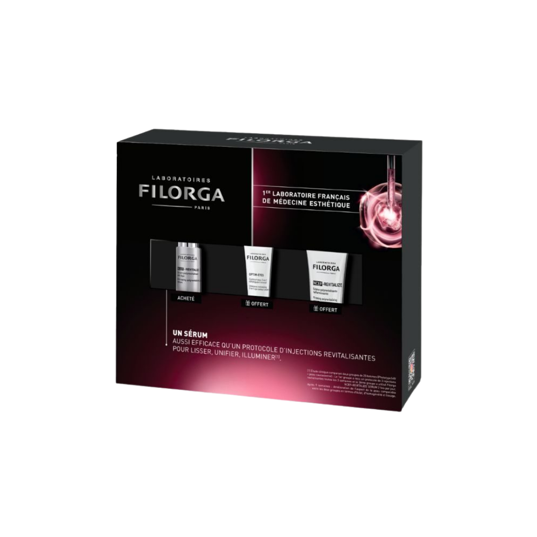 Coffret Filorga NCEF-Revitalize sérum, crème et Optim-Eyes – vue du coffret